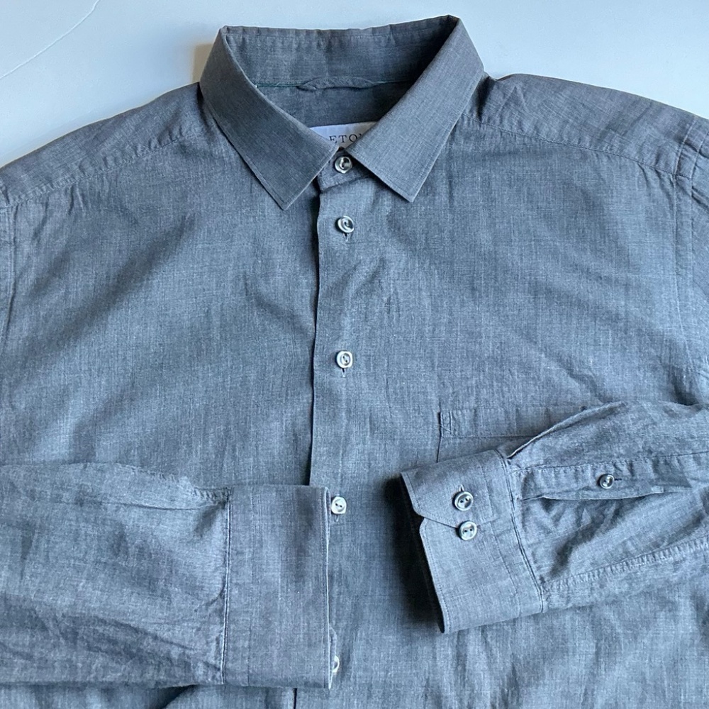 ETON solid gray fine soft cotton shirt Sz 16.5 made in Romania 🇷🇴